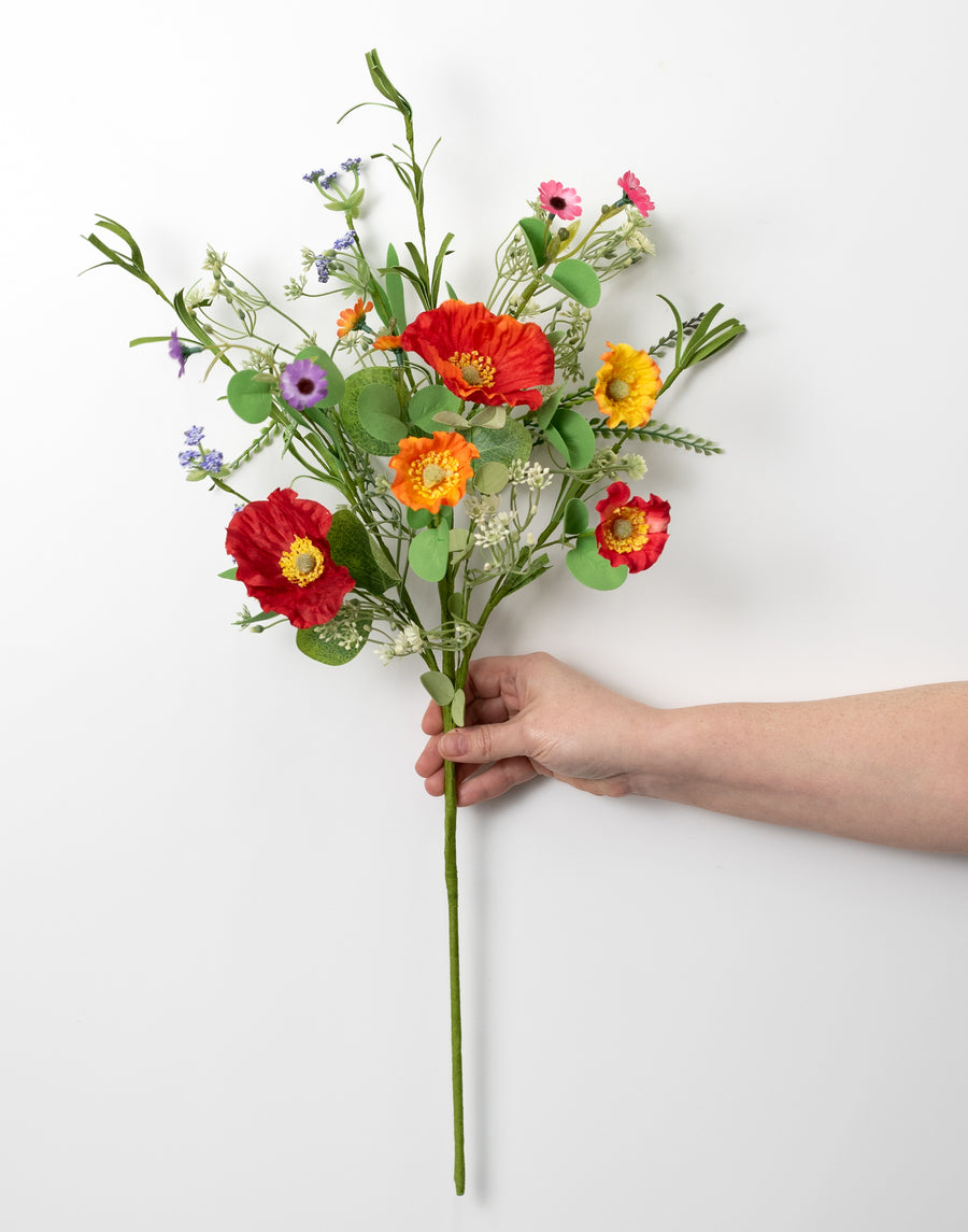 24" Mixed Fabric Poppy Spray: Multicolor