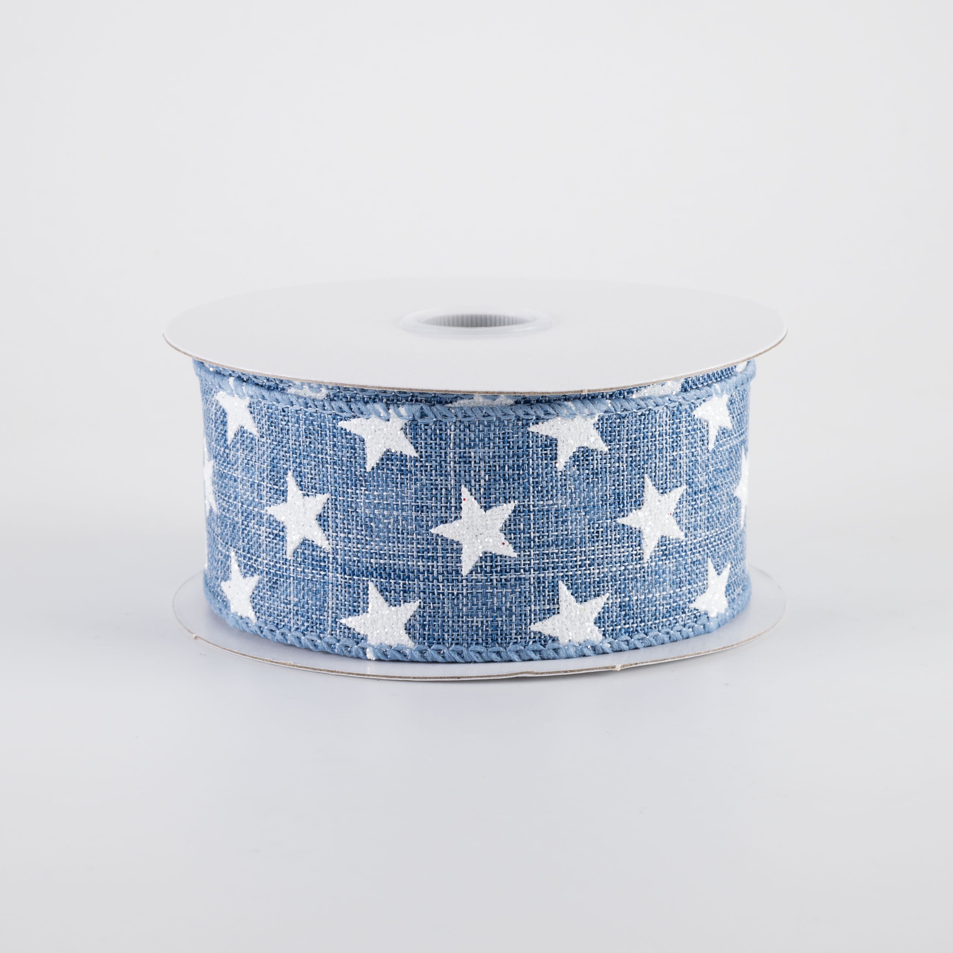 1.5" Linen Glitter Stars Ribbon: White on Denim (10 Yards)