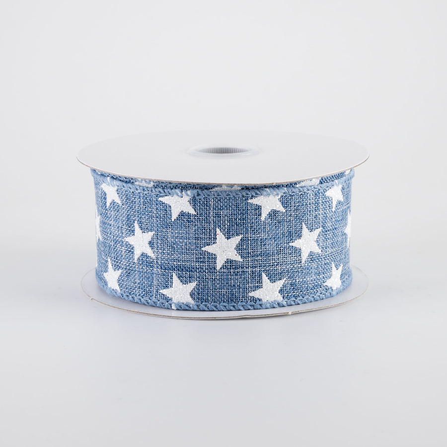 1.5" Linen Glitter Stars Ribbon: White on Denim (10 Yards)