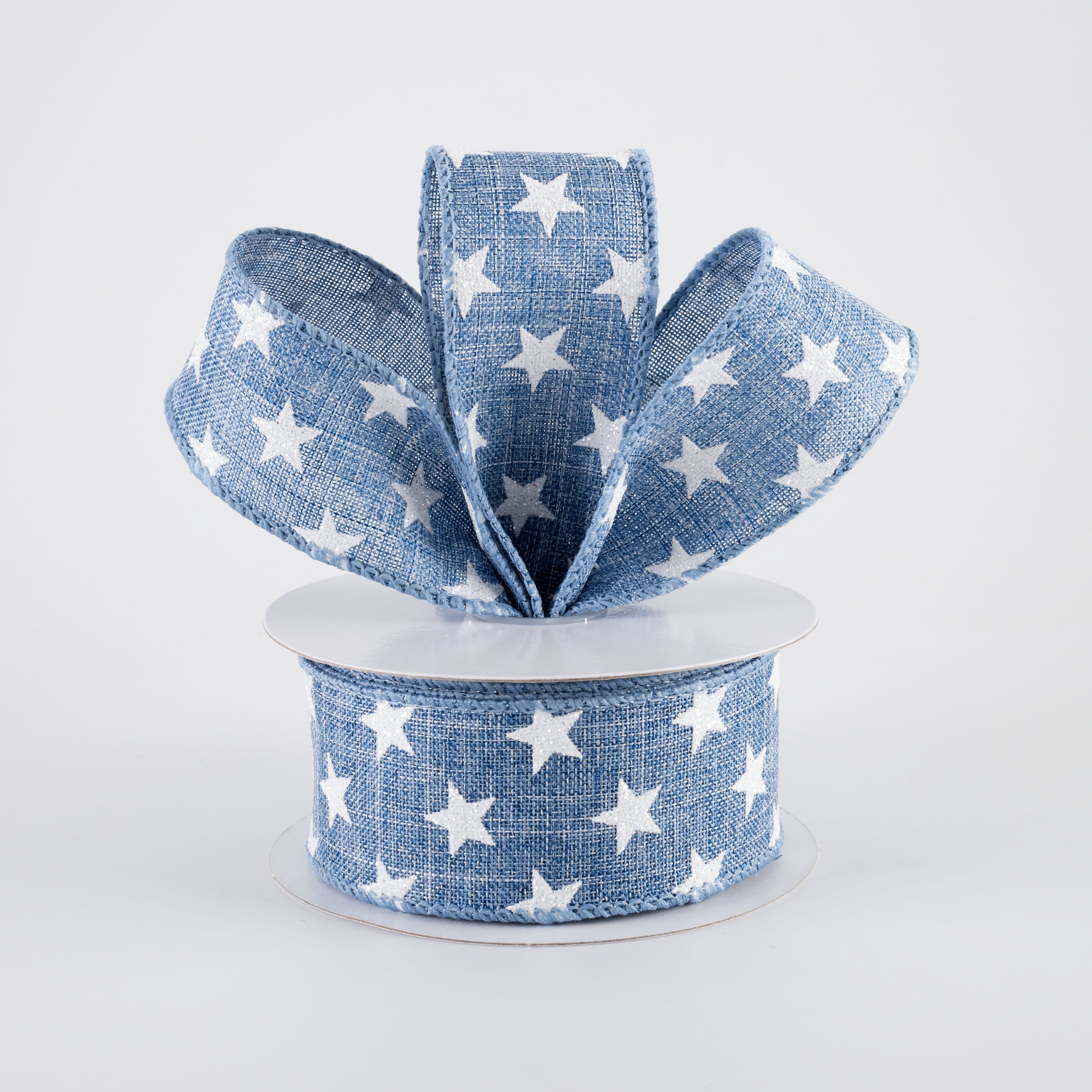1.5" Linen Glitter Stars Ribbon: White on Denim (10 Yards)