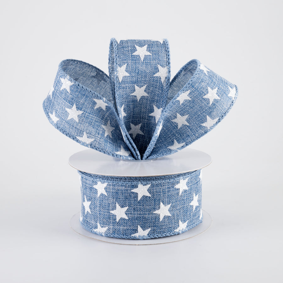 1.5" Linen Glitter Stars Ribbon: White on Denim (10 Yards)