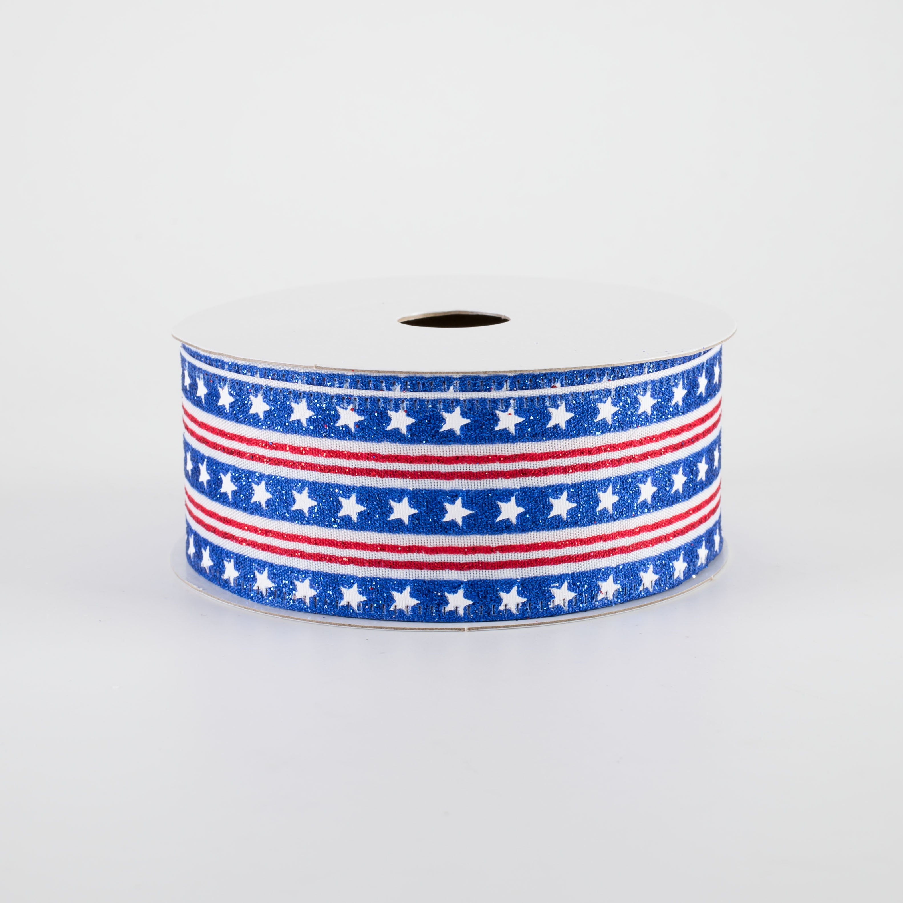1.5" Royal Stars & Red Stripes Ribbon: White (10 Yards)