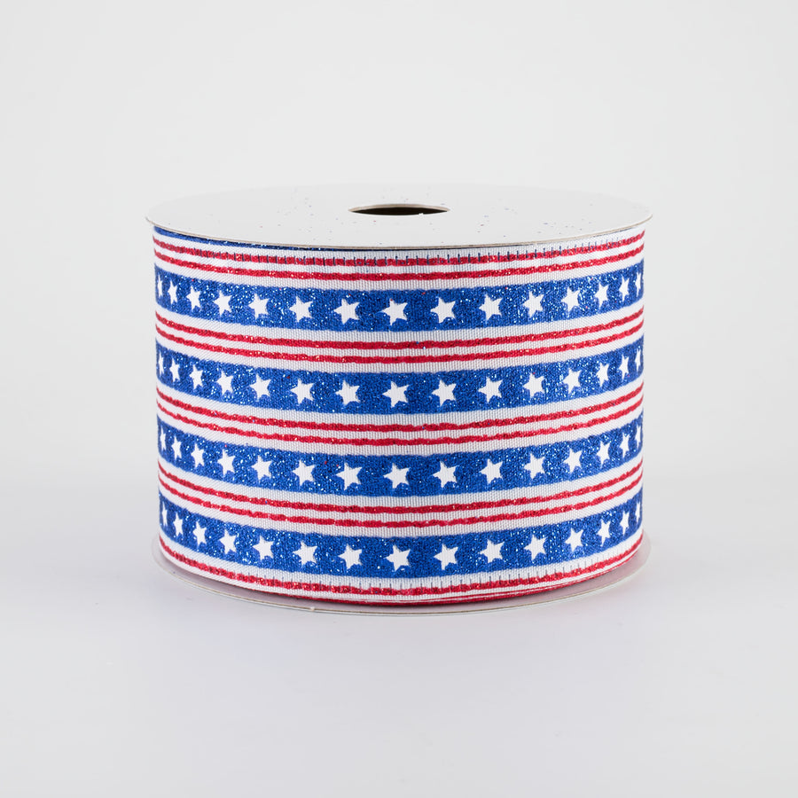 2.5" Royal Stars & Red Stripes Ribbon: White (10 Yards)