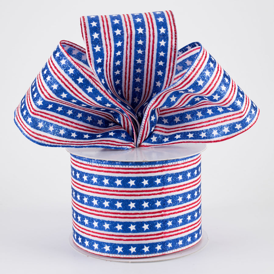 2.5" Royal Stars & Red Stripes Ribbon: White (10 Yards)