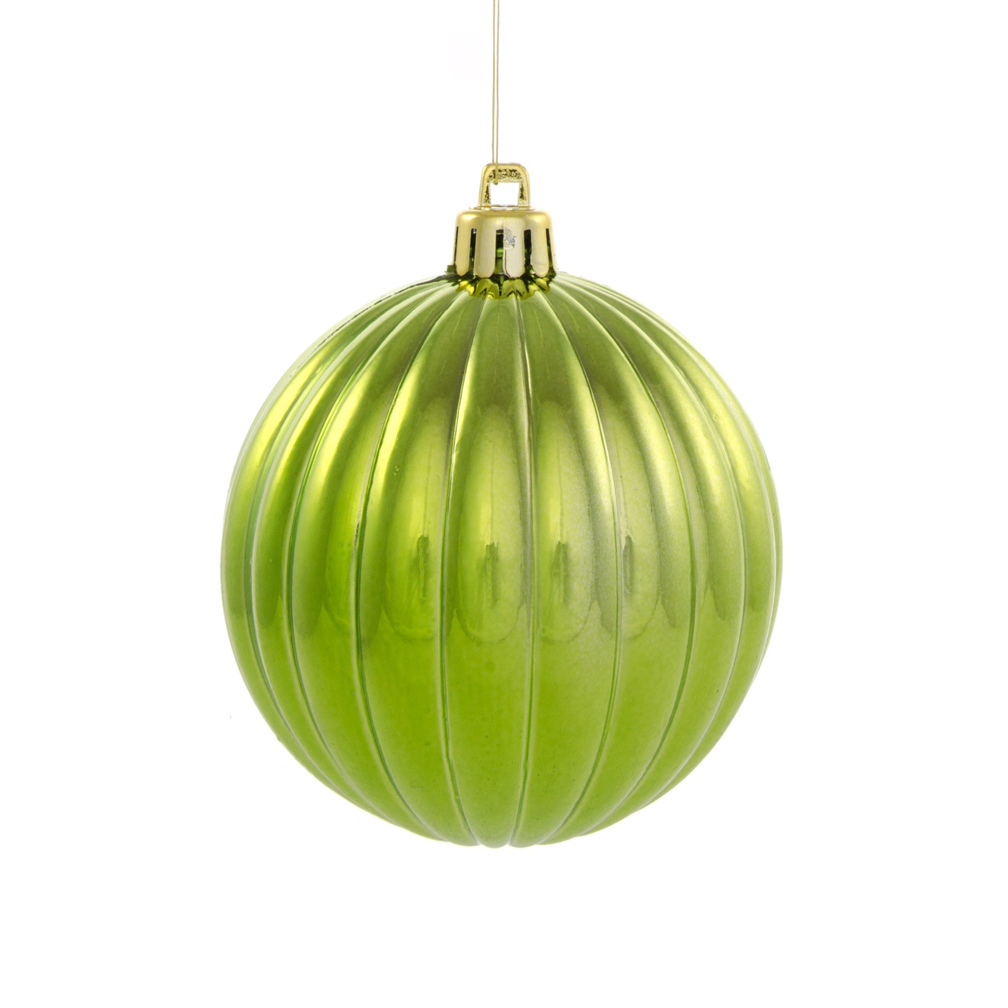 80MM Round Vertical Stripe Metallic Ball Ornament: Shiny Lime Green