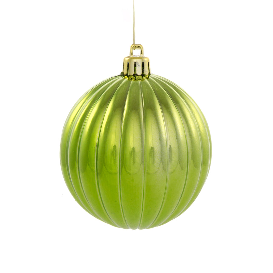 80MM Round Vertical Stripe Metallic Ball Ornament: Shiny Lime Green