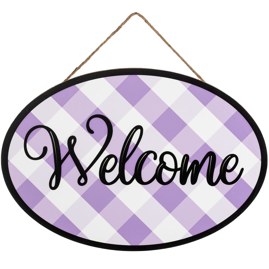 15" Oval Wooden Sign: Lavender Plaid Welcome