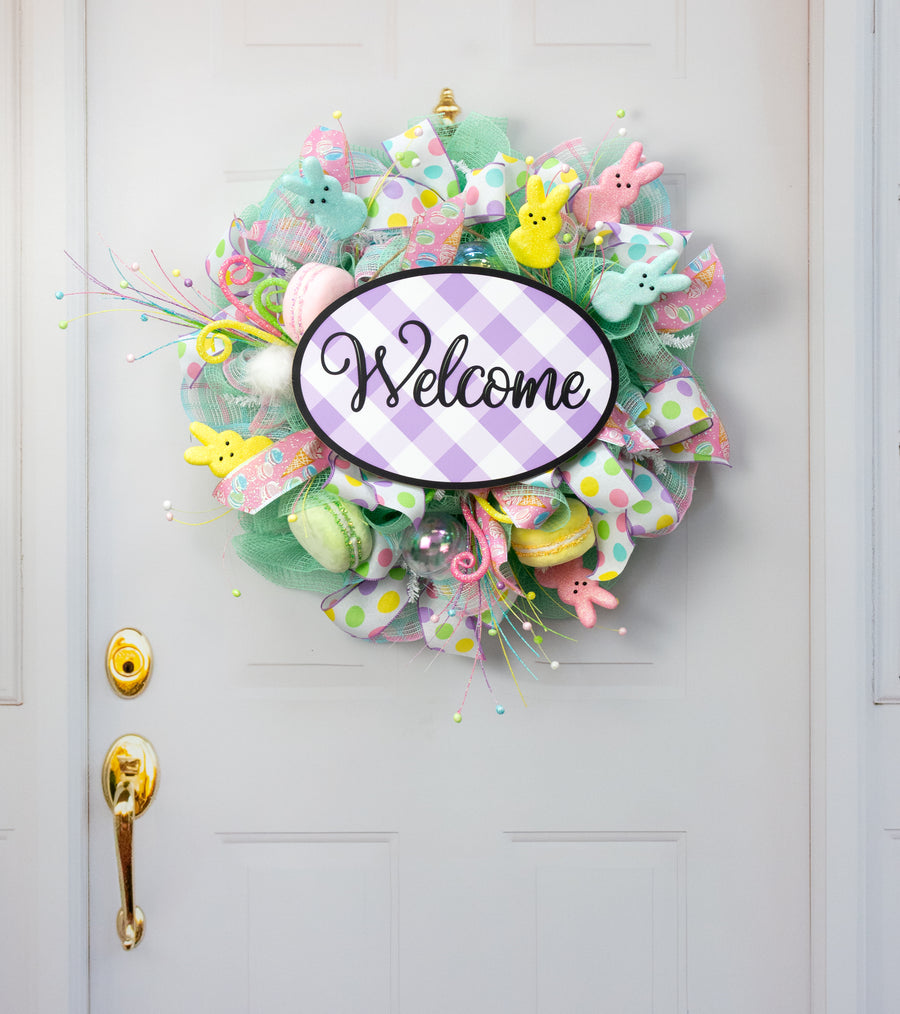 15" Oval Wooden Sign: Lavender Plaid Welcome