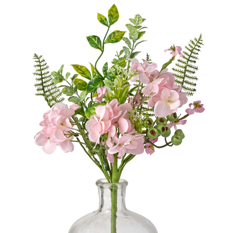 18" Hydrangea Blossoms & Mixed Leaves Pick: Pink