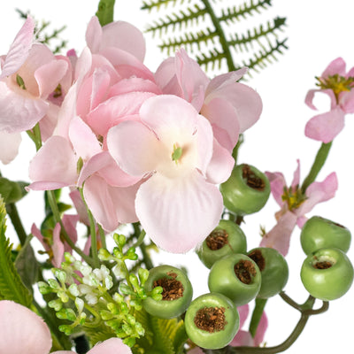 18" Hydrangea Blossoms & Mixed Leaves Pick: Pink
