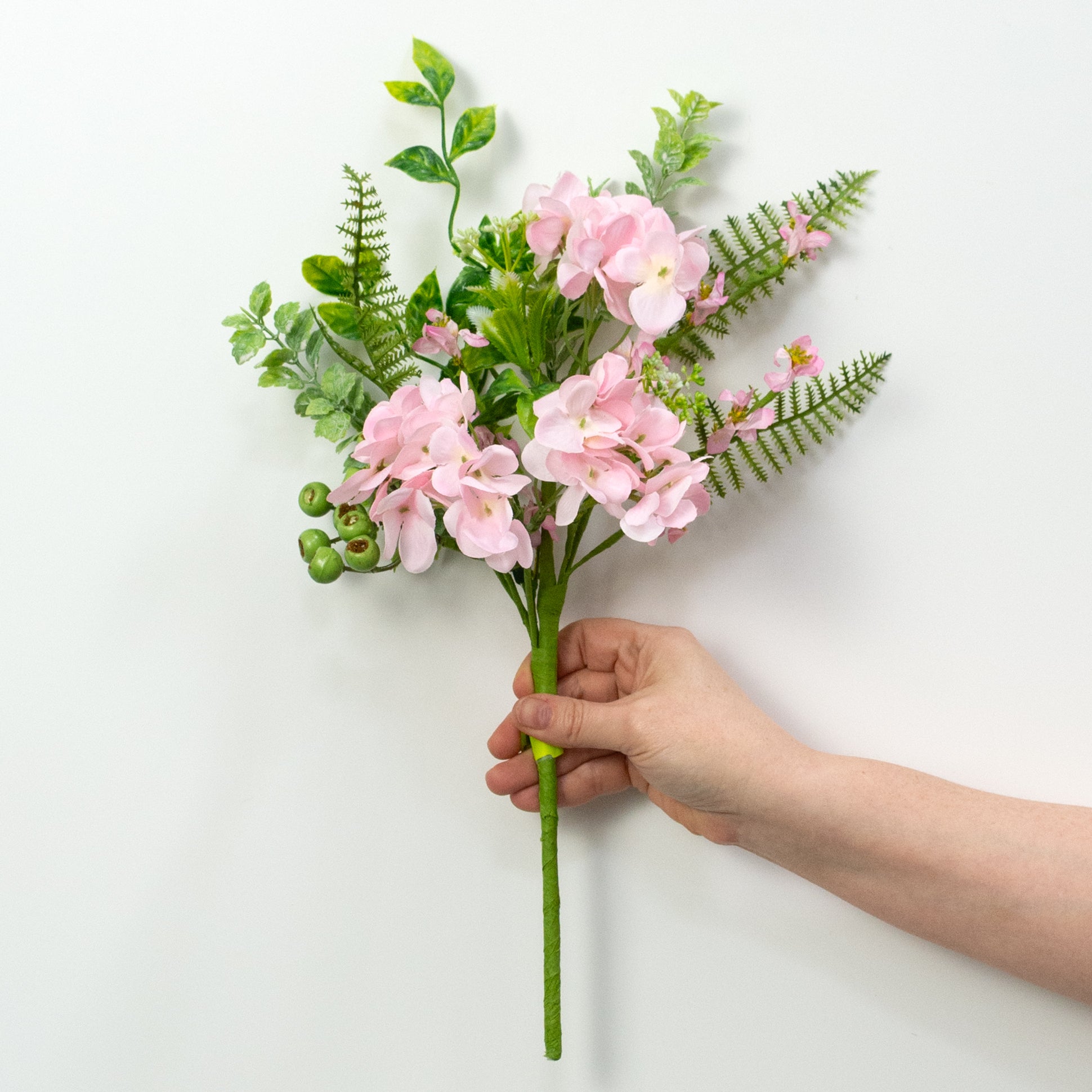 18" Hydrangea Blossoms & Mixed Leaves Pick: Pink