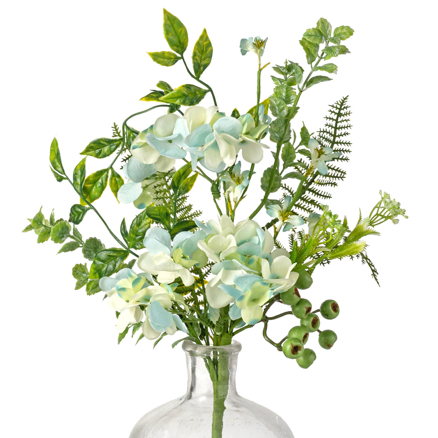 18" Hydrangea Blossoms & Mixed Leaves Pick: Blue