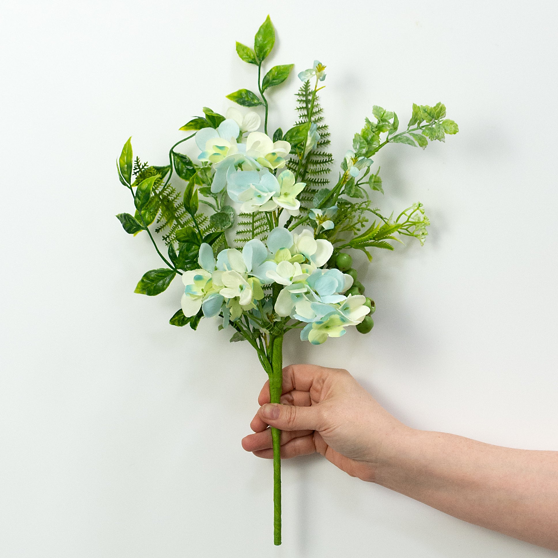 18" Hydrangea Blossoms & Mixed Leaves Pick: Blue