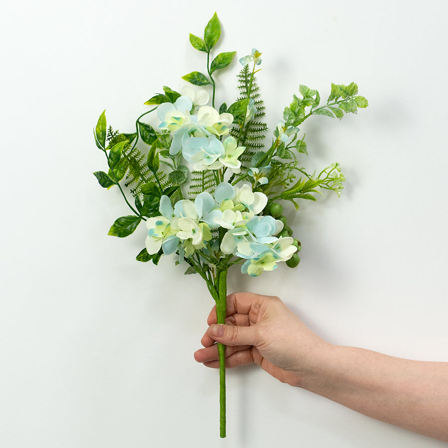 18" Hydrangea Blossoms & Mixed Leaves Pick: Blue