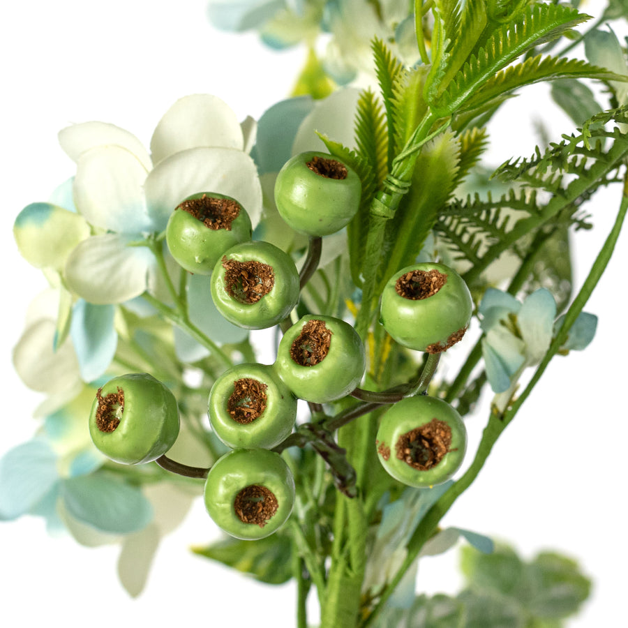 18" Hydrangea Blossoms & Mixed Leaves Pick: Blue