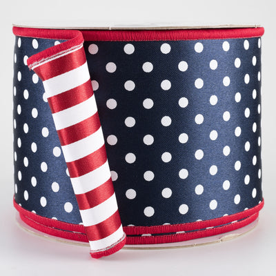 4" Double Sided Fused Polka Dot & Stripes Ribbon: Red, White & Navy (10 Yards)