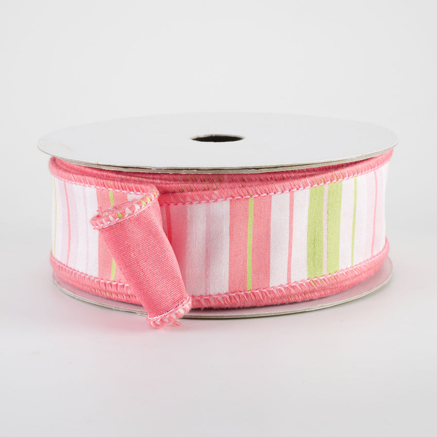 1.5" Designer Double Sided Dupioni Ribbon: Coral & Green Stripes (10 Yards)