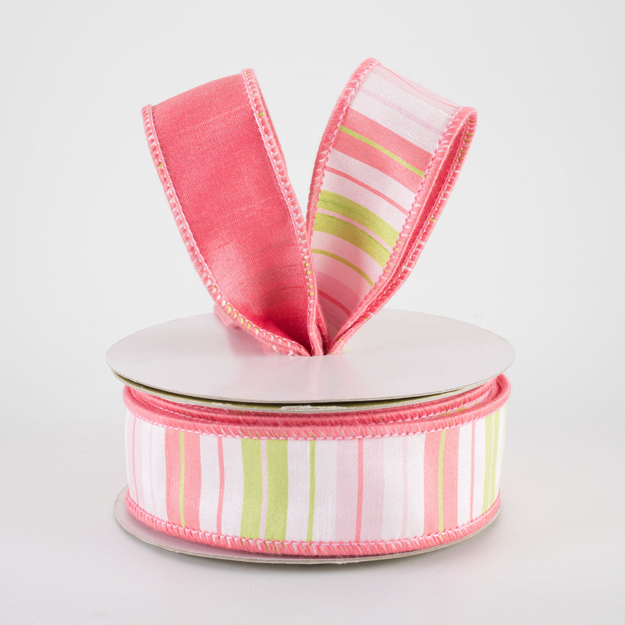 1.5" Designer Double Sided Dupioni Ribbon: Coral & Green Stripes (10 Yards)