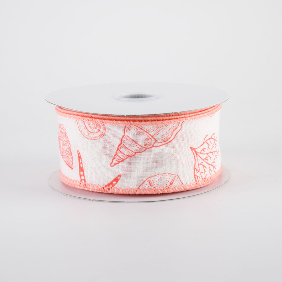 1.5" Canvas Stamped Beach Icons Ribbon: Coral on White (10 Yards)