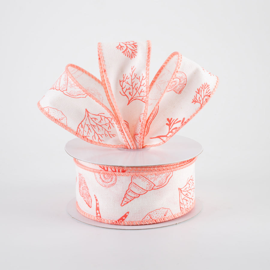 1.5" Canvas Stamped Beach Icons Ribbon: Coral on White (10 Yards)
