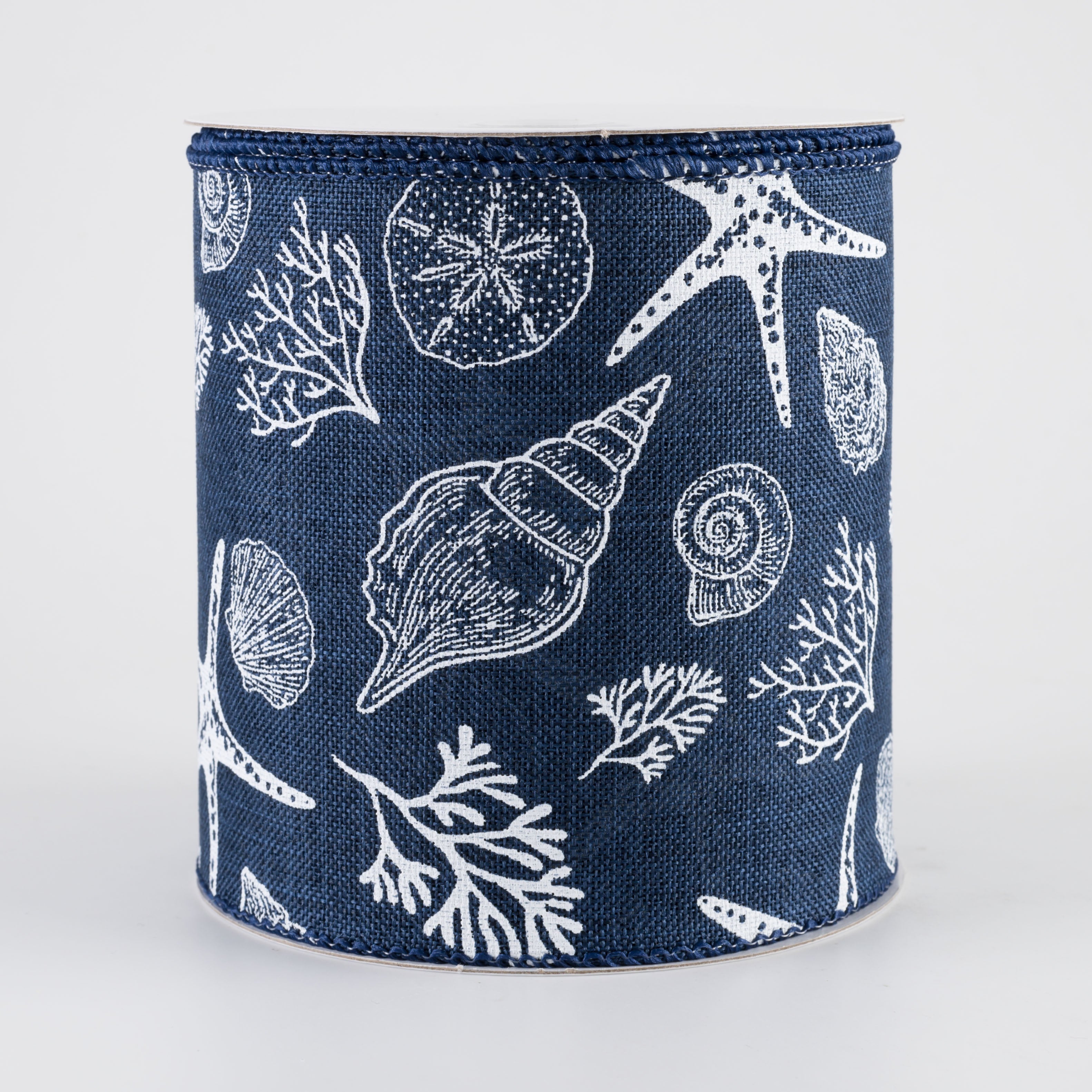 4" Linen Stamped Beach Icons Ribbon: Navy Blue (10 Yards)