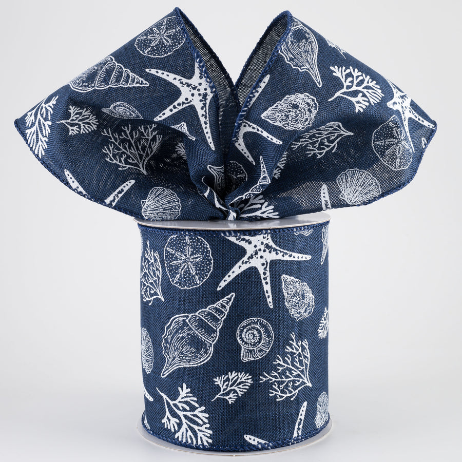 4" Linen Stamped Beach Icons Ribbon: Navy Blue (10 Yards)