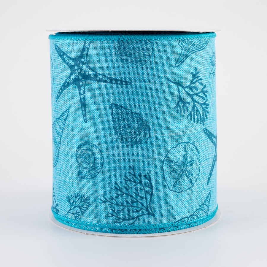 4" Linen Stamped Beach Icons Ribbon: Aqua & Navy Blue (10 Yards)