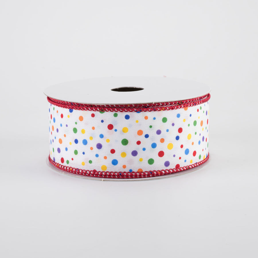 1.5" Rainbow Multi Mini Dot Ribbon: Red Edge (10 Yards)