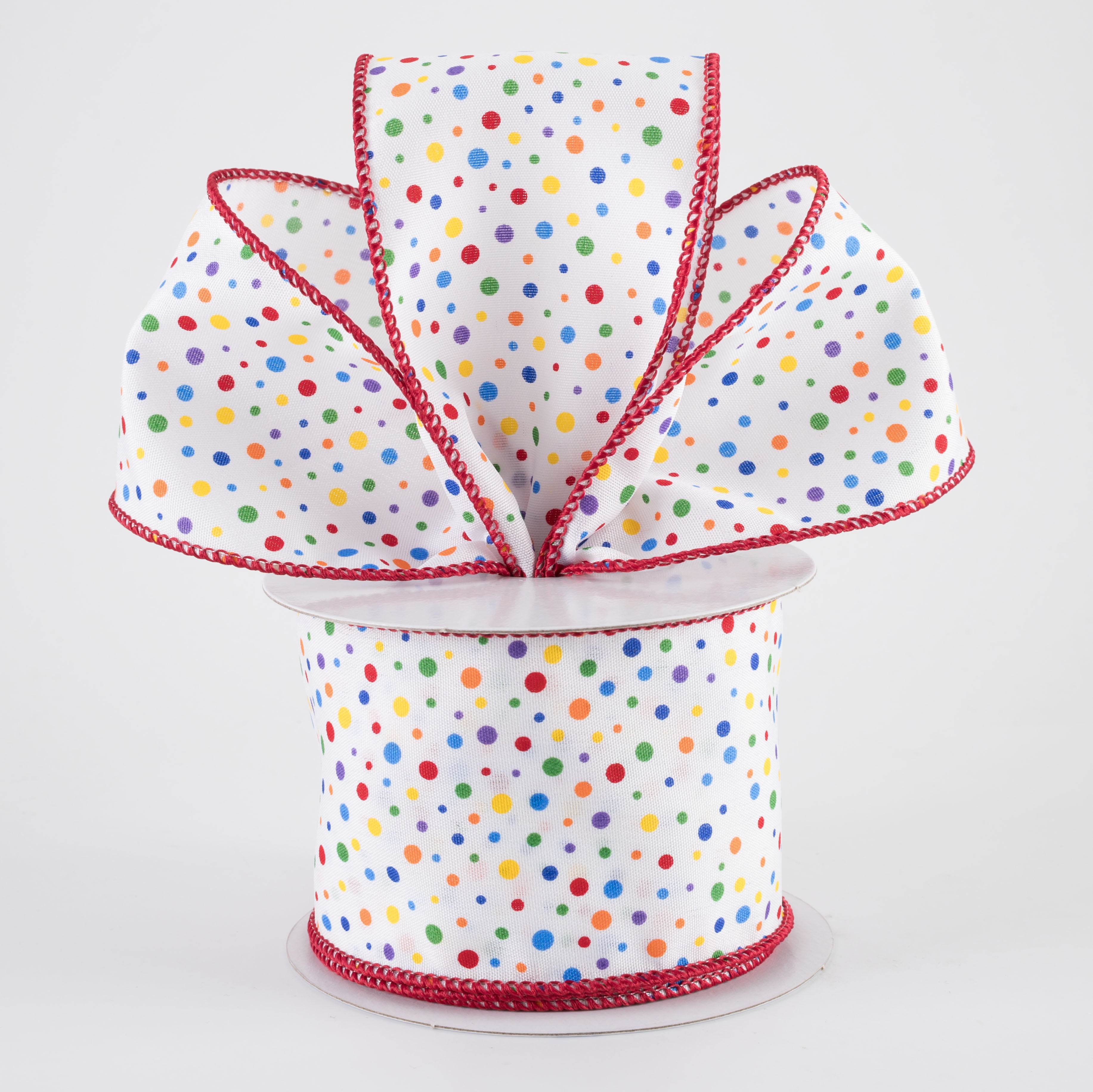 2.5" Rainbow Multi Mini Dot Ribbon: Red Edge (10 Yards)