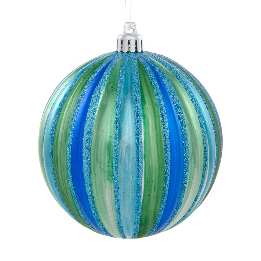 100MM Round Vertical Stripe Metallic Ball Ornament: Blue, Green & Turquoise Stripe