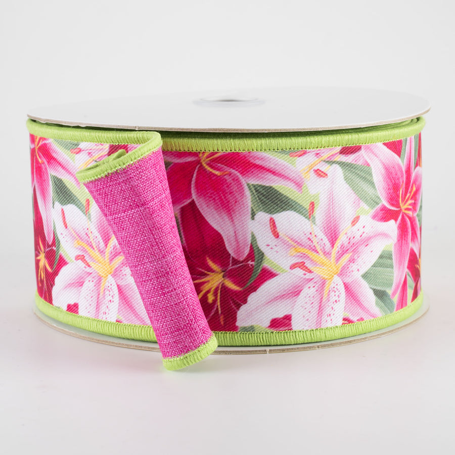 2.5" Double Sided Fused Pink Lilies Ribbon (10 Yards)