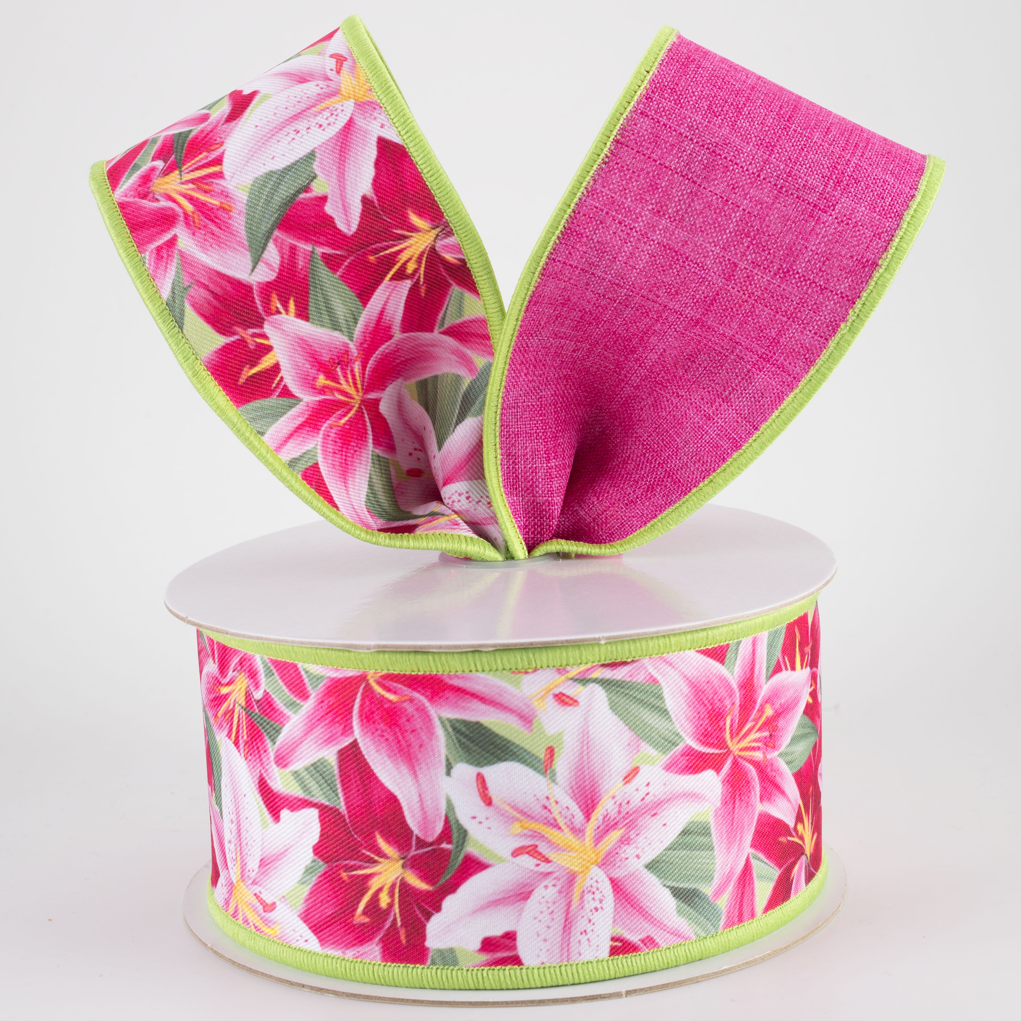 2.5" Double Sided Fused Pink Lilies Ribbon (10 Yards)