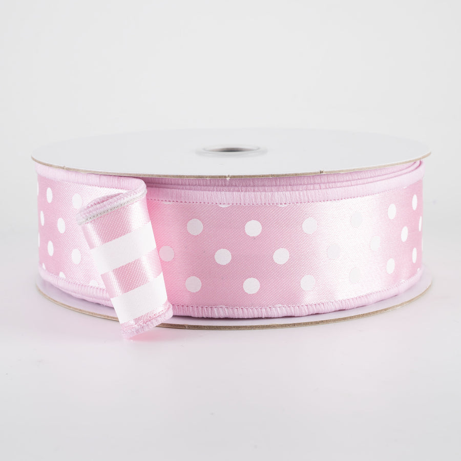 1.5" Double Sided Fused Polka Dots & Stripes Ribbon: Pink & White (10 Yards)