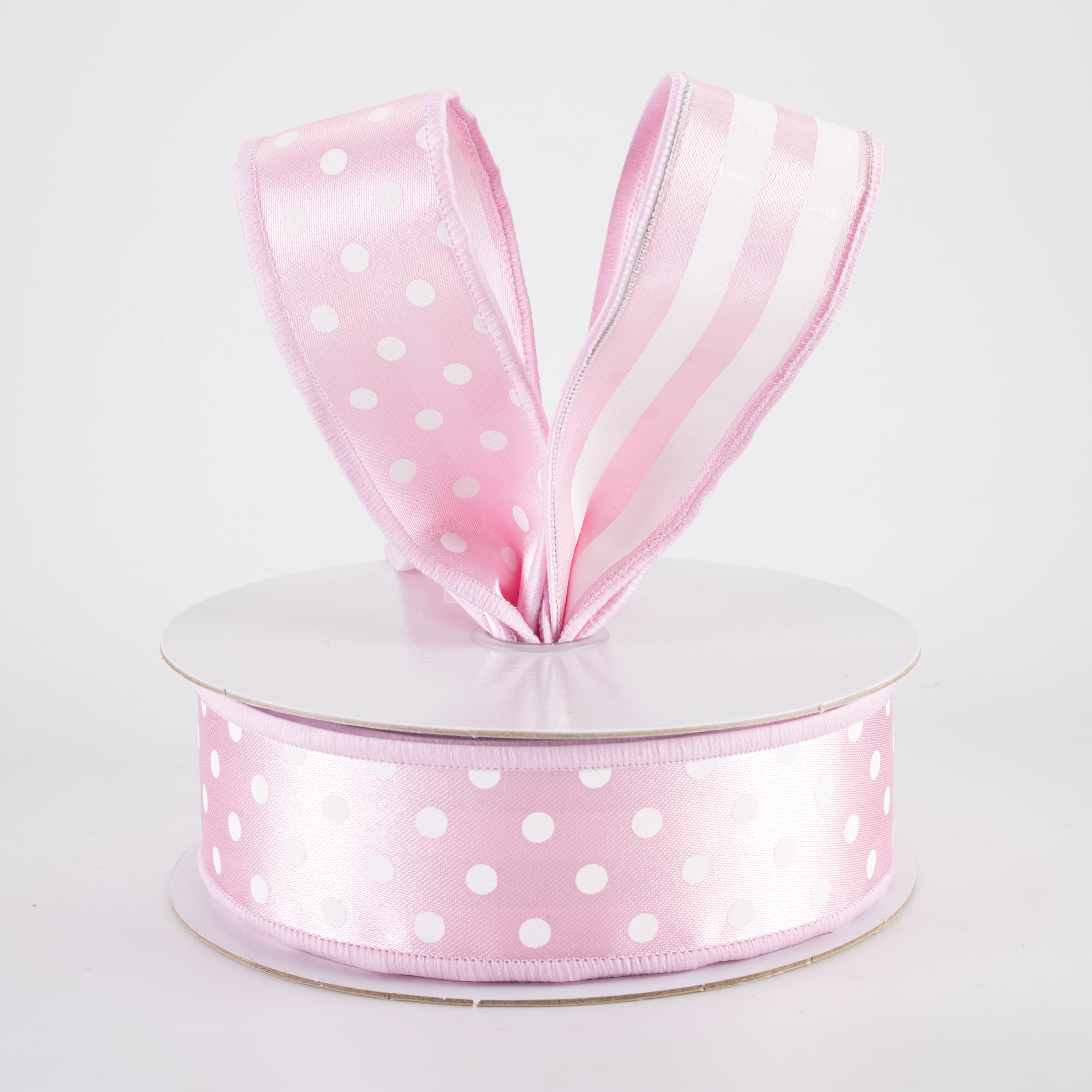 1.5" Double Sided Fused Polka Dots & Stripes Ribbon: Pink & White (10 Yards)