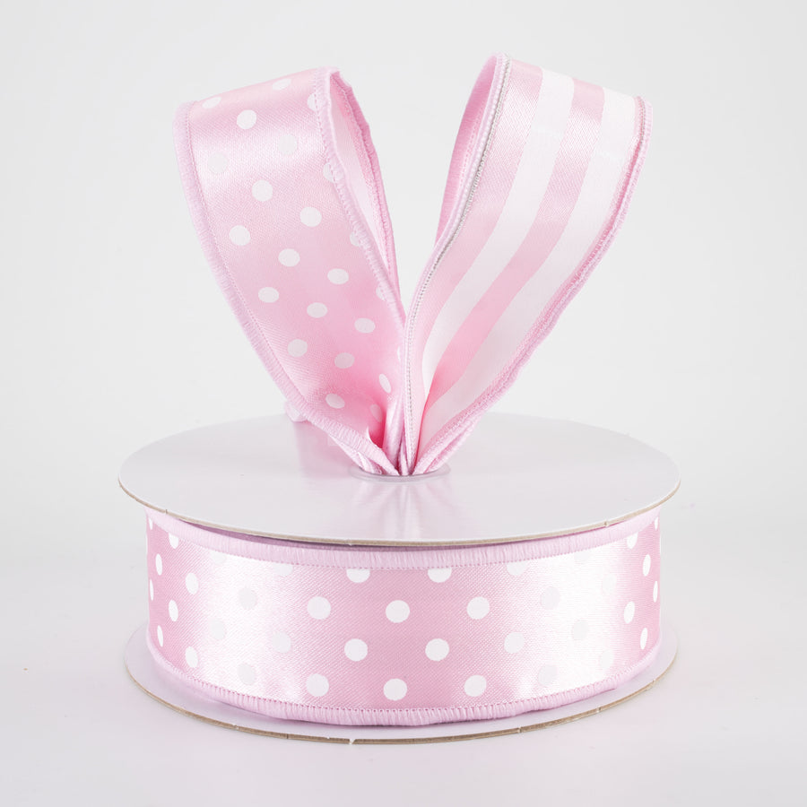 1.5" Double Sided Fused Polka Dots & Stripes Ribbon: Pink & White (10 Yards)
