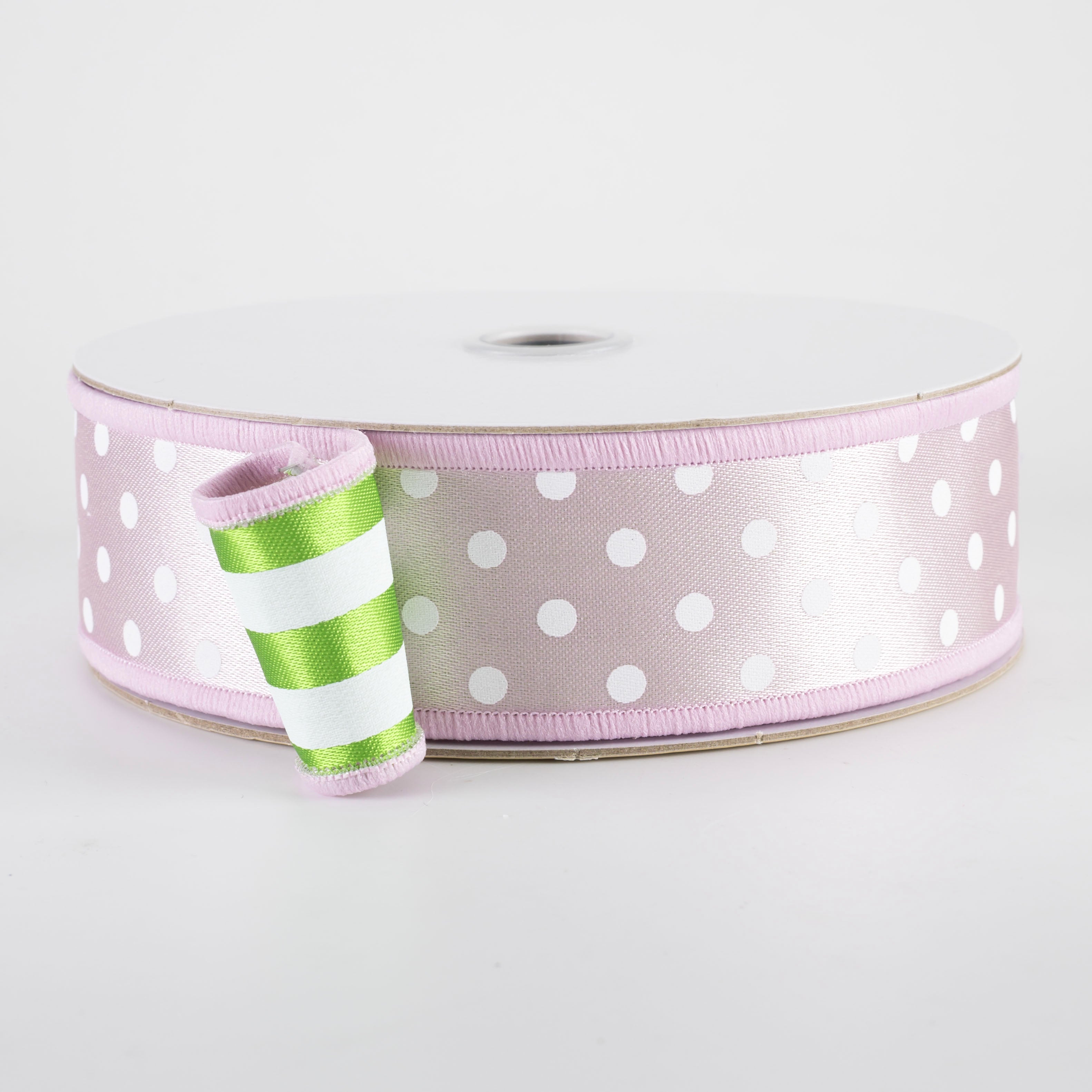 1.5" Double Sided Fused Polka Dots & Stripes Ribbon: Pink, Green & White (10 Yards)