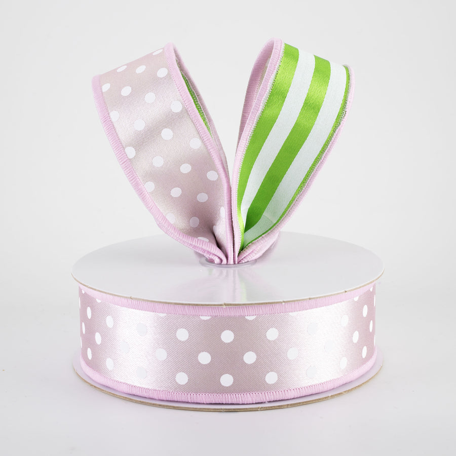 1.5" Double Sided Fused Polka Dots & Stripes Ribbon: Pink, Green & White (10 Yards)