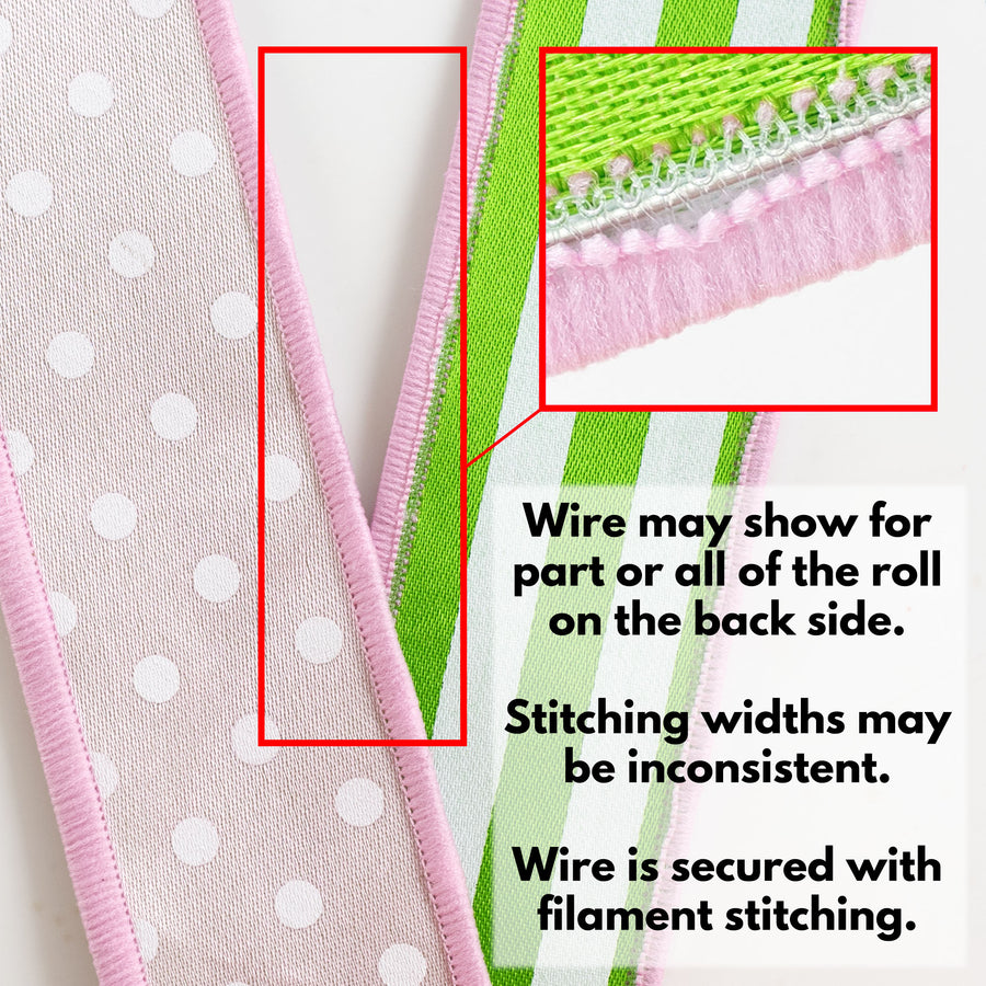 1.5" Double Sided Fused Polka Dots & Stripes Ribbon: Pink, Green & White (10 Yards)