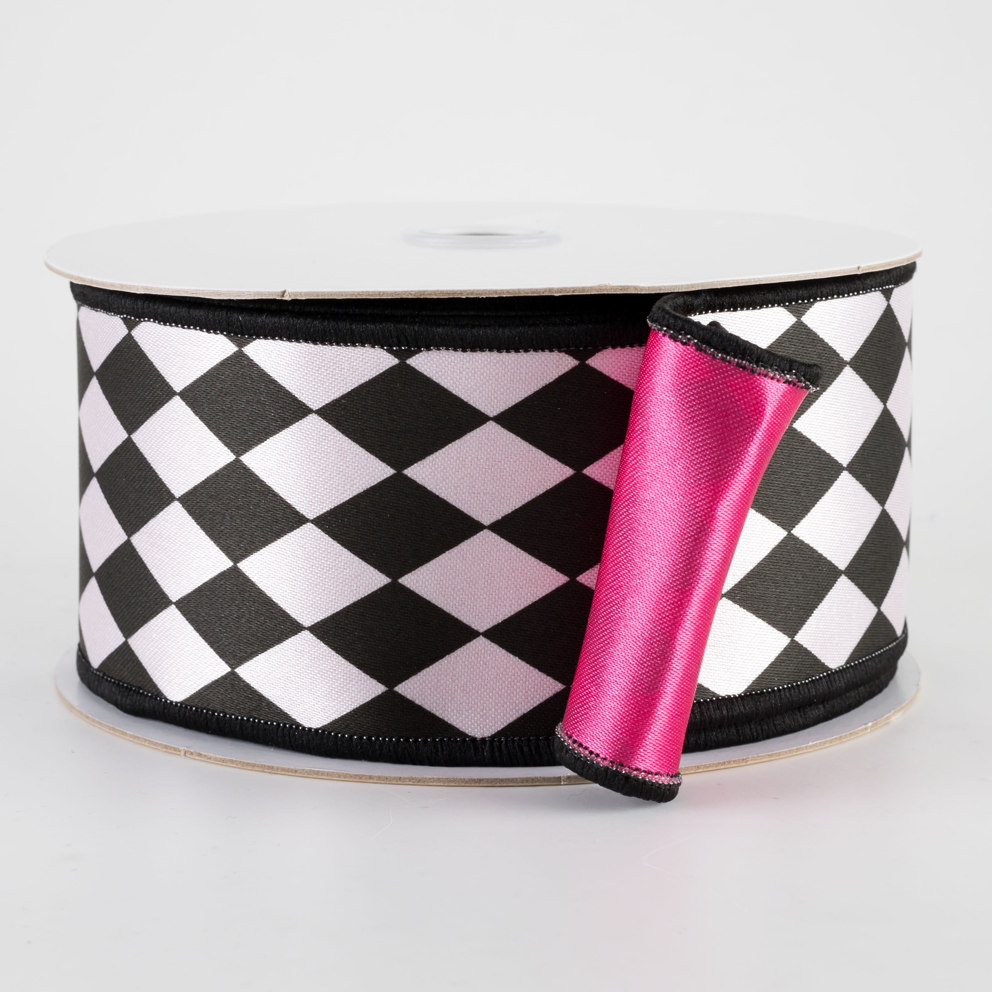 2.5" Double Sided Fused Harlequin Ribbon: Hot Pink, Black & White (10 Yards)