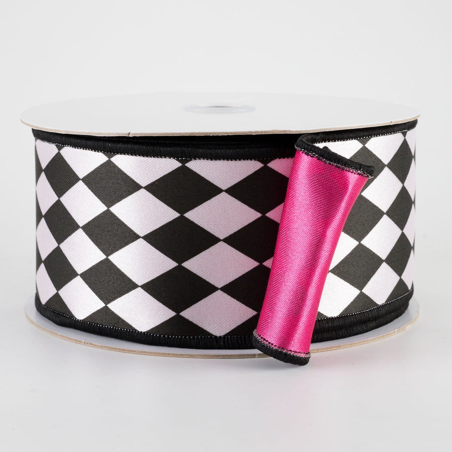 2.5" Double Sided Fused Harlequin Ribbon: Hot Pink, Black & White (10 Yards)