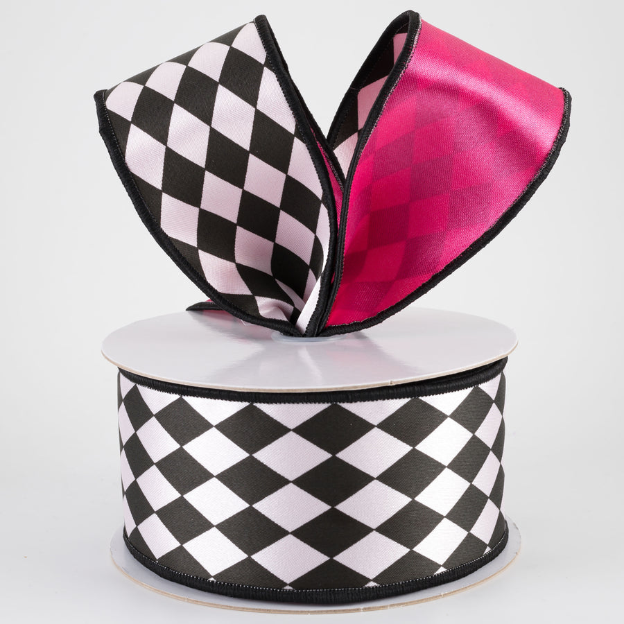 2.5" Double Sided Fused Harlequin Ribbon: Hot Pink, Black & White (10 Yards)