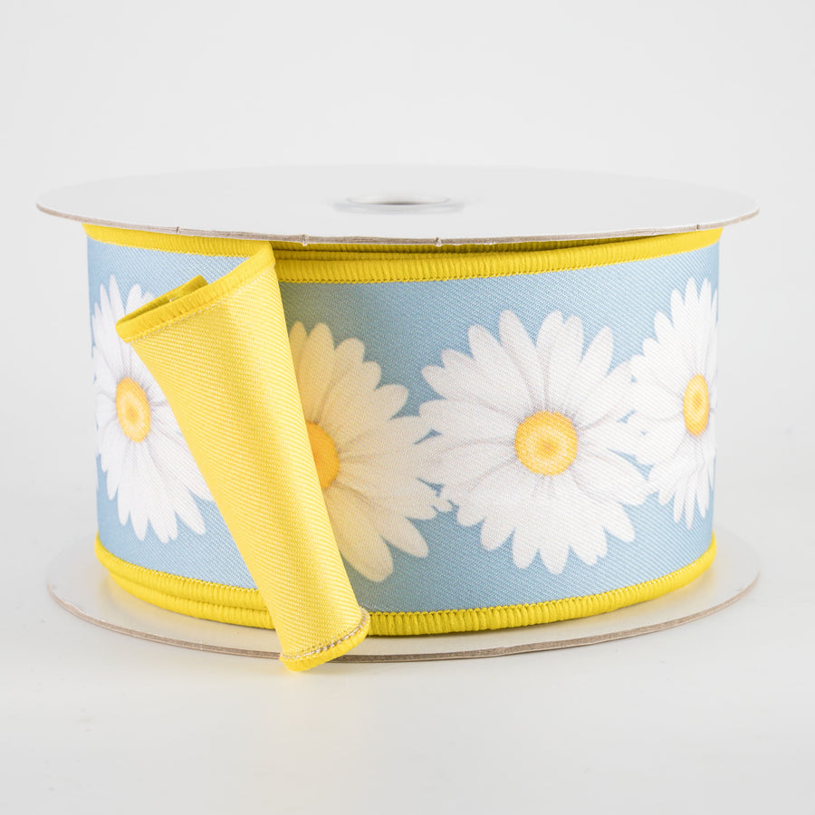 2.5" Double Sided Fused Daisies Ribbon: Smoke Blue & Yellow (10 Yards)