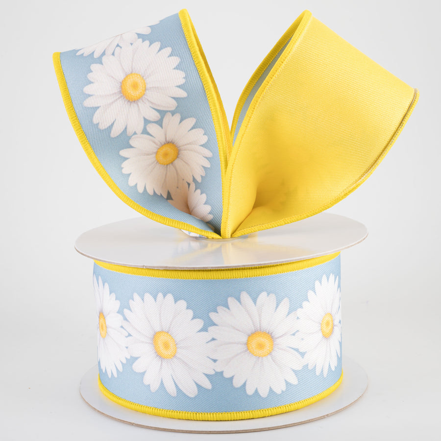 2.5" Double Sided Fused Daisies Ribbon: Smoke Blue & Yellow (10 Yards)