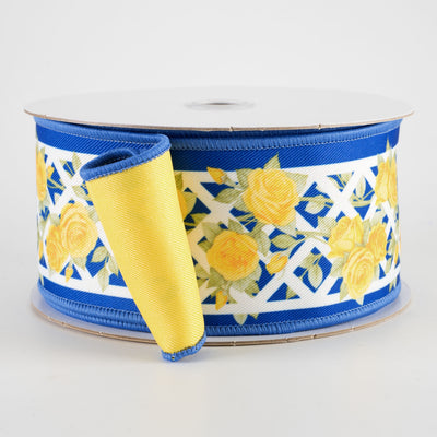 2.5" Double Sided Fused Rose Trellis Ribbon: Blue & Yellow (10 Yards)