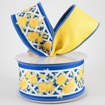2.5" Double Sided Fused Rose Trellis Ribbon: Blue & Yellow (10 Yards)
