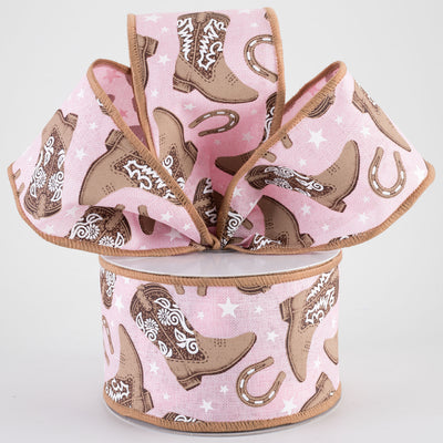 2.5" Cowboy Boots & Horseshoes Ribbon: Light Pink (10 Yards)