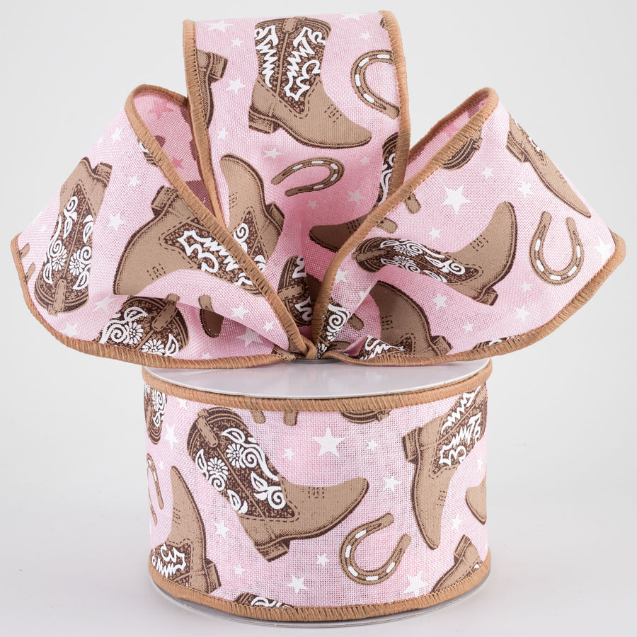 2.5" Cowboy Boots & Horseshoes Ribbon: Light Pink (10 Yards)