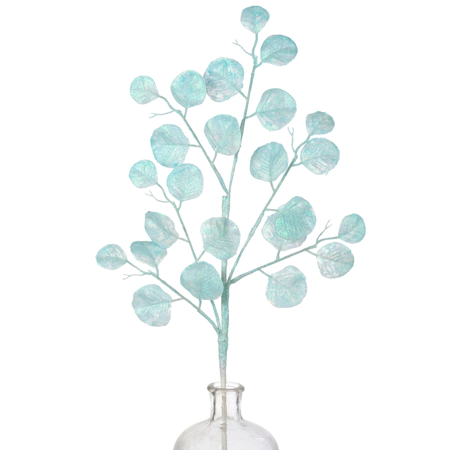 28" Glitter Silver Dollar Eucalyptus Spray: Iridescent Light Blue