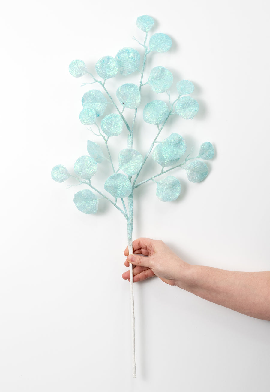 28" Glitter Silver Dollar Eucalyptus Spray: Iridescent Light Blue