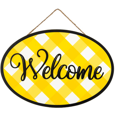 15" Oval Wooden Sign: Yellow Plaid Welcome